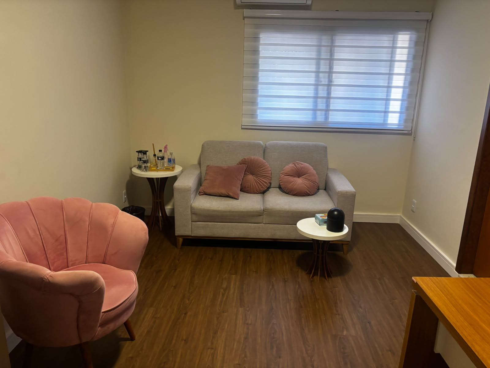 Sala de psicoterapia da clínica, com sofá e poltrona